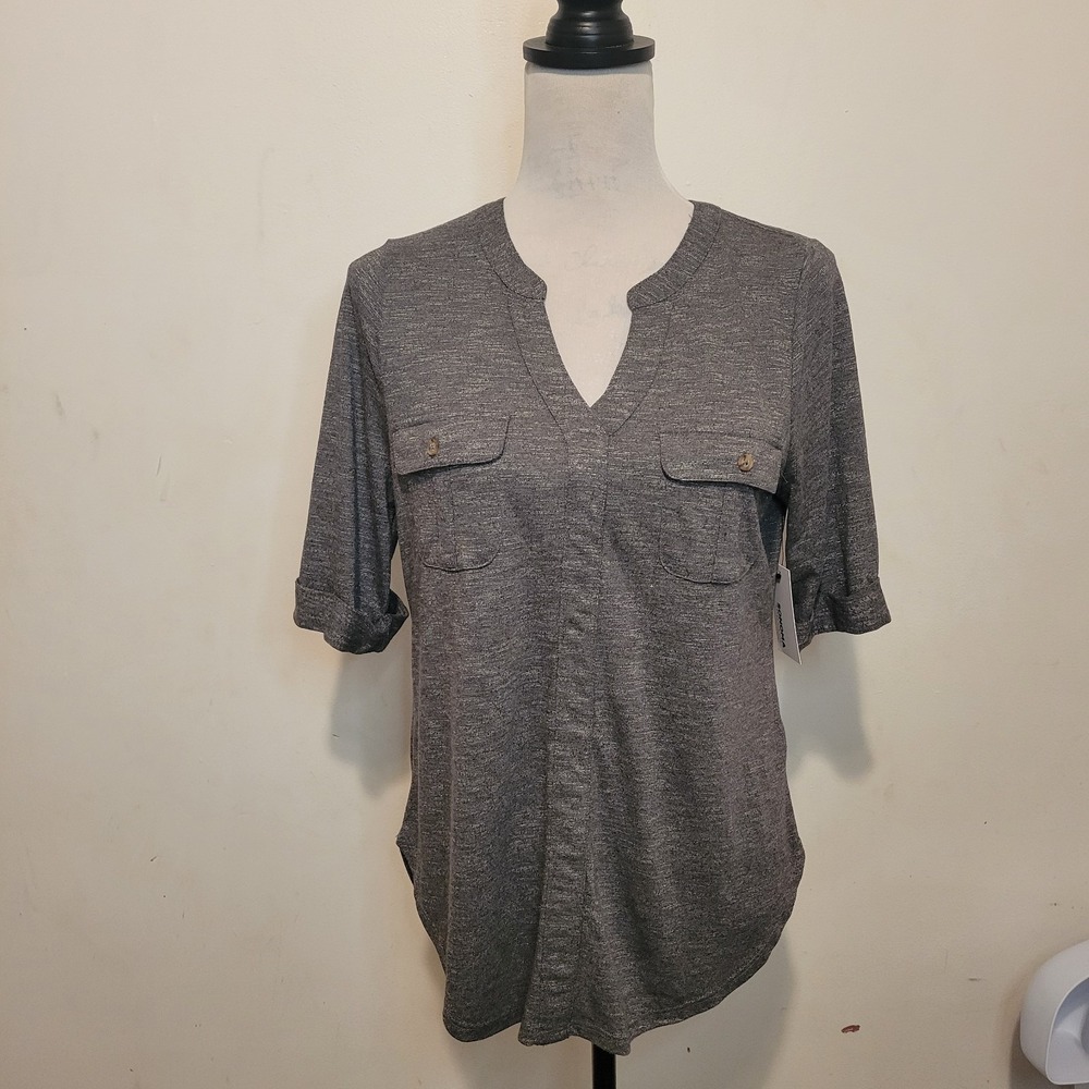 Sonoma‎ Women's Medium Gray Heathered Tunic Top NWT V-Neck Roll Tab Sleeves